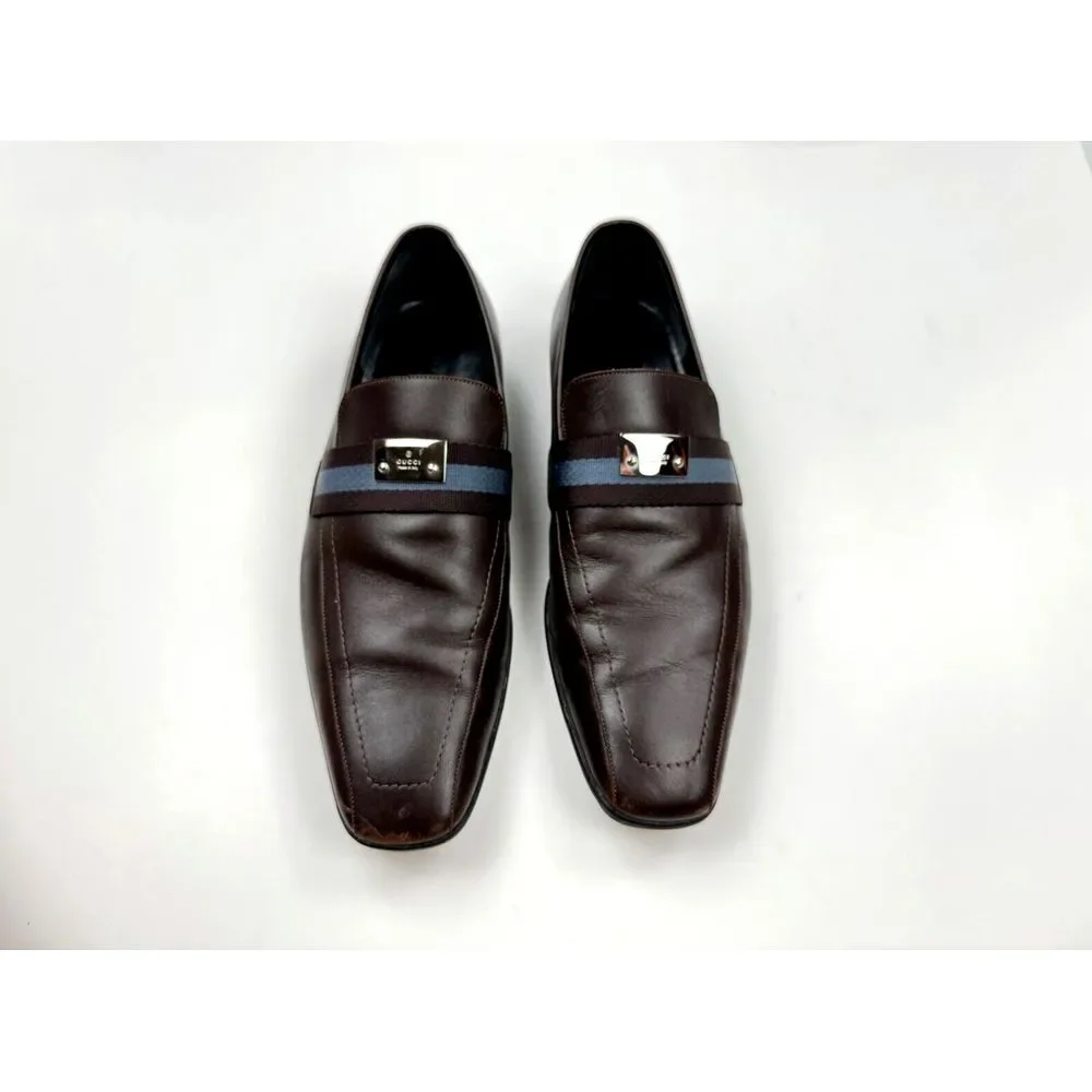 GUCCI Brown Leather Blue Ribbon Luxury Loafer Mens 8.5 D Flaw* Comfort‎ Shoes